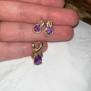 14K gold and amethyst earring and pendant set